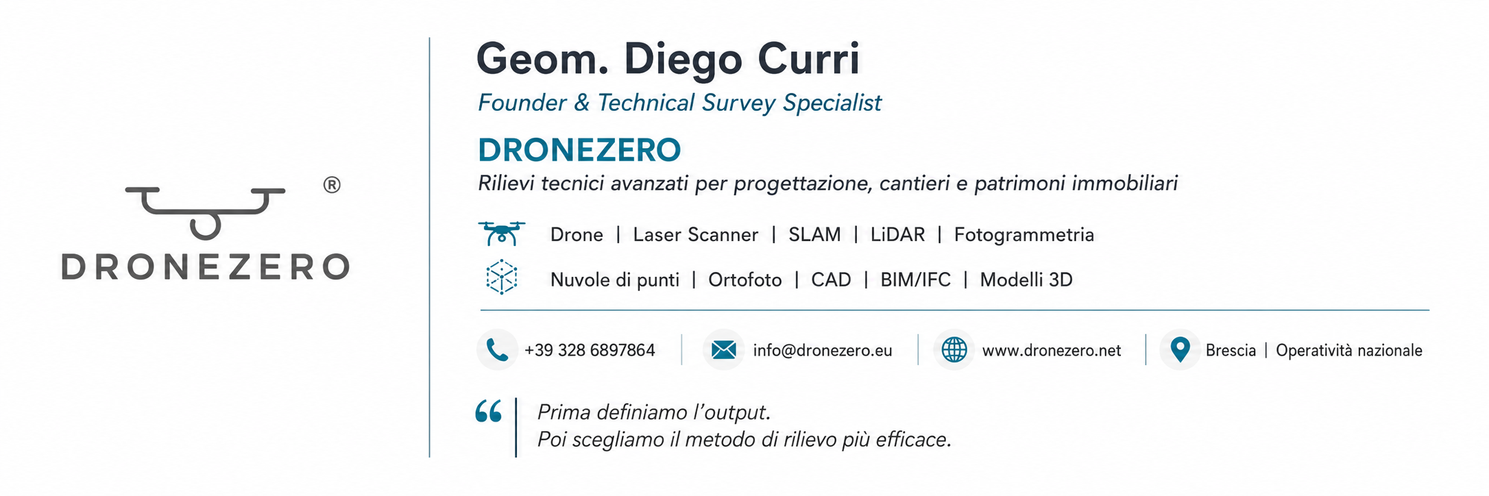 Firma professionale ufficiale DroneZero con recapiti, servizi e approccio al rilievo
